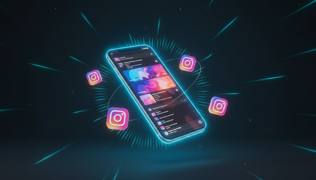Smartphone affichant un fil Reels Instagram en rendu 3D