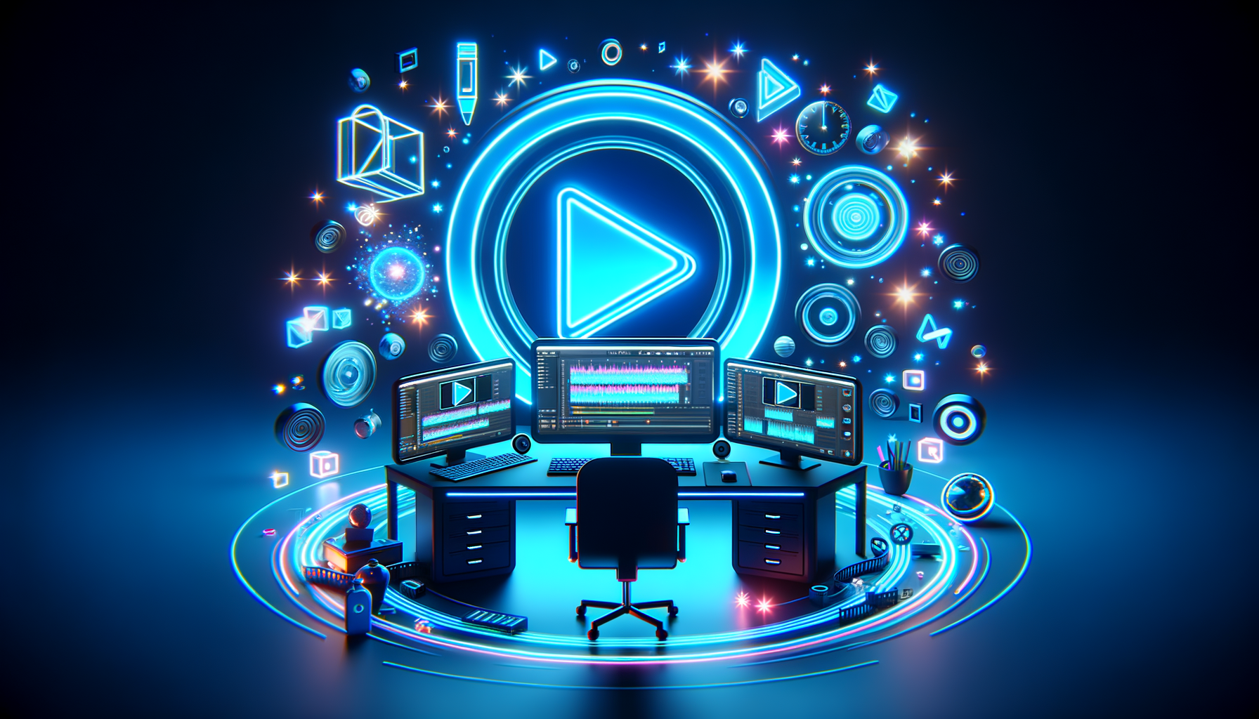 Concepto del Creativity Program de TikTok - estudio creativo futurista con pantallas holograficas