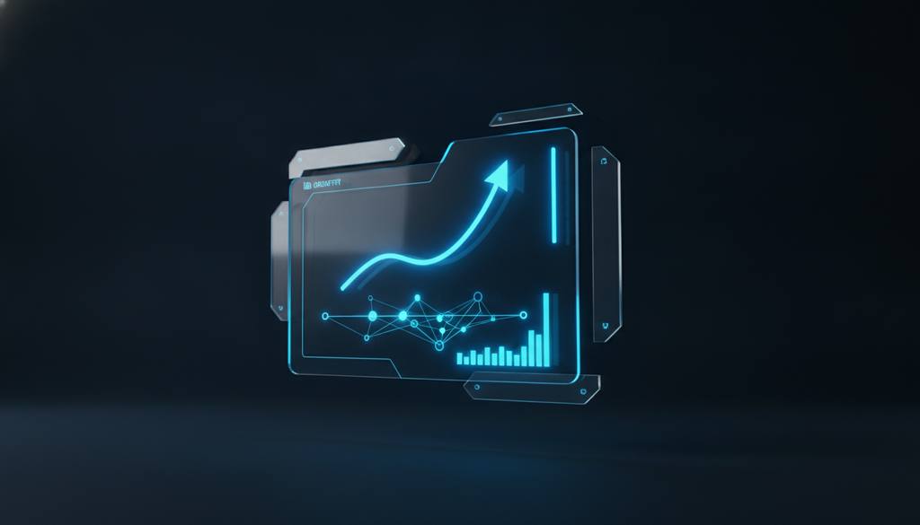 Panel de LinkedIn en 3D que muestra una curva de crecimiento de contactos impulsada por neones azules