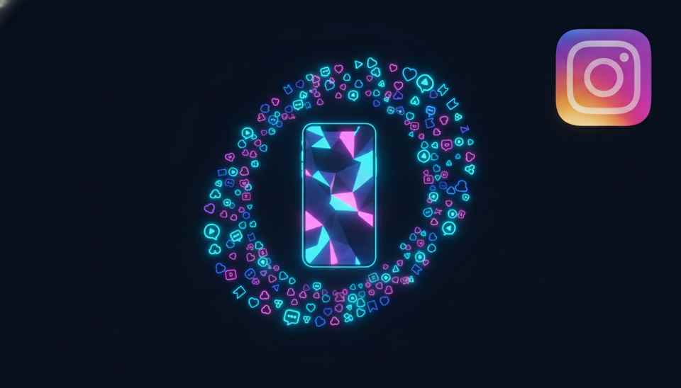Smartphone in 3D che mostra un Reel Instagram circondato da icone di engagement luminose