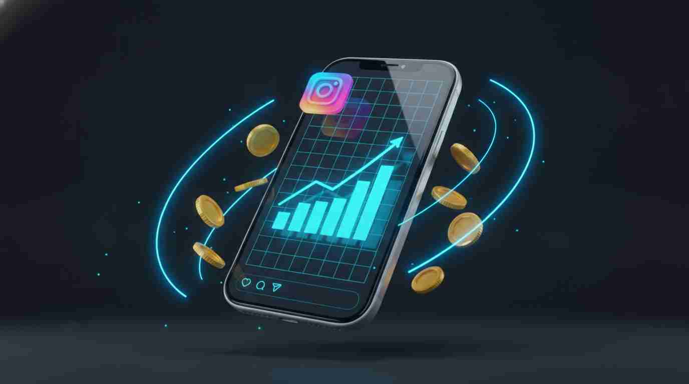 コインとともにInstagramアカウントの成長を表示するスマートフォン
