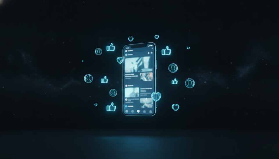 Smartphone che mostra una pagina Facebook circondata da icone di reazioni