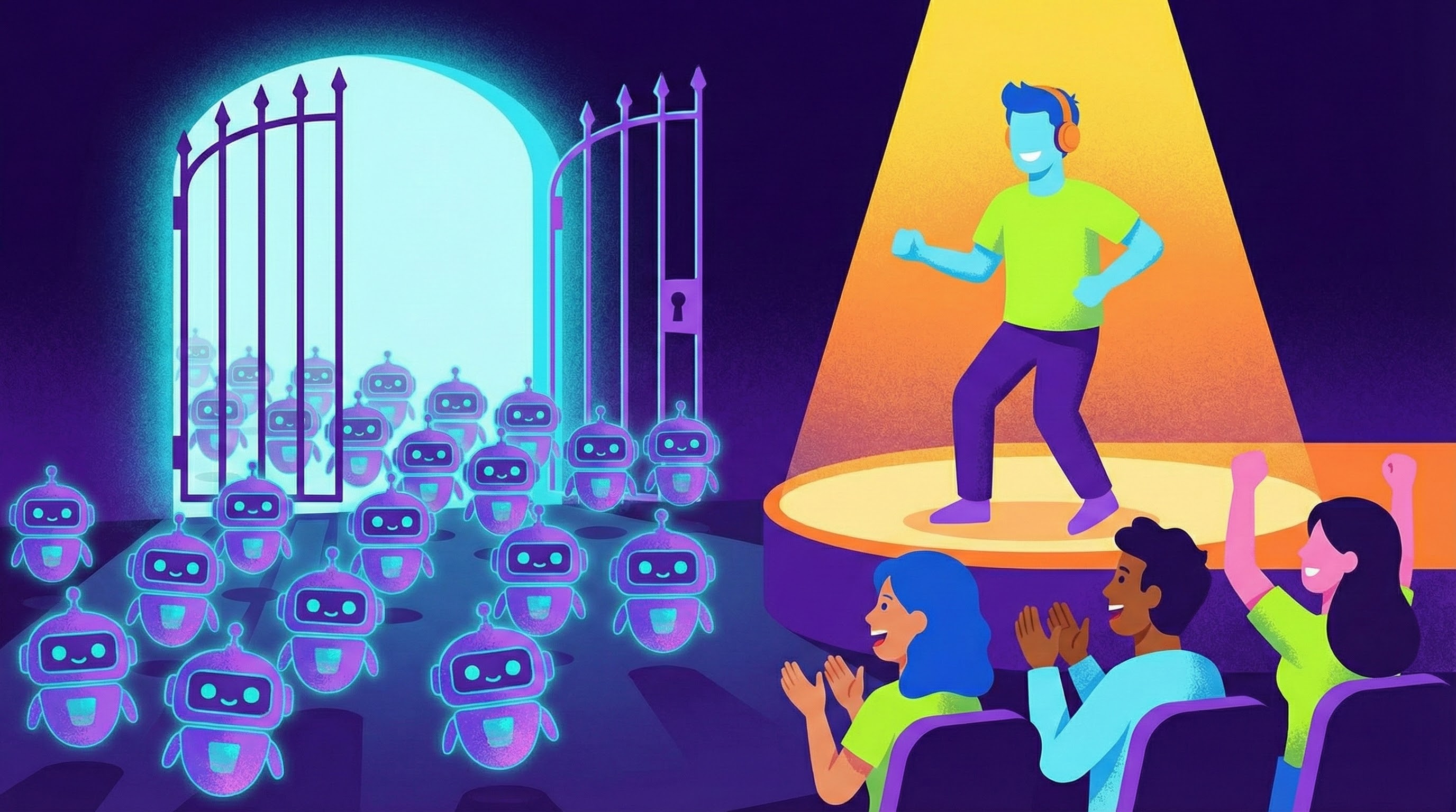 Illustration montrant un streamer talentueux sur scène avec un vrai public, tandis qu'une porte s'ouvre pour laisser entrer des followers achetés.