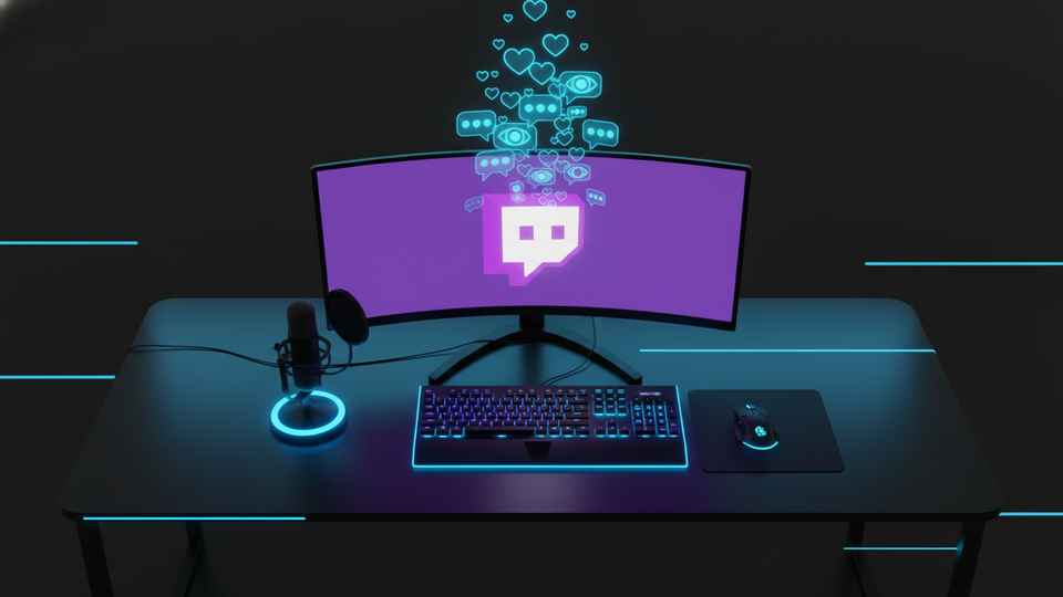 Setup di streaming Twitch moderno con icone di engagement in ologramma
