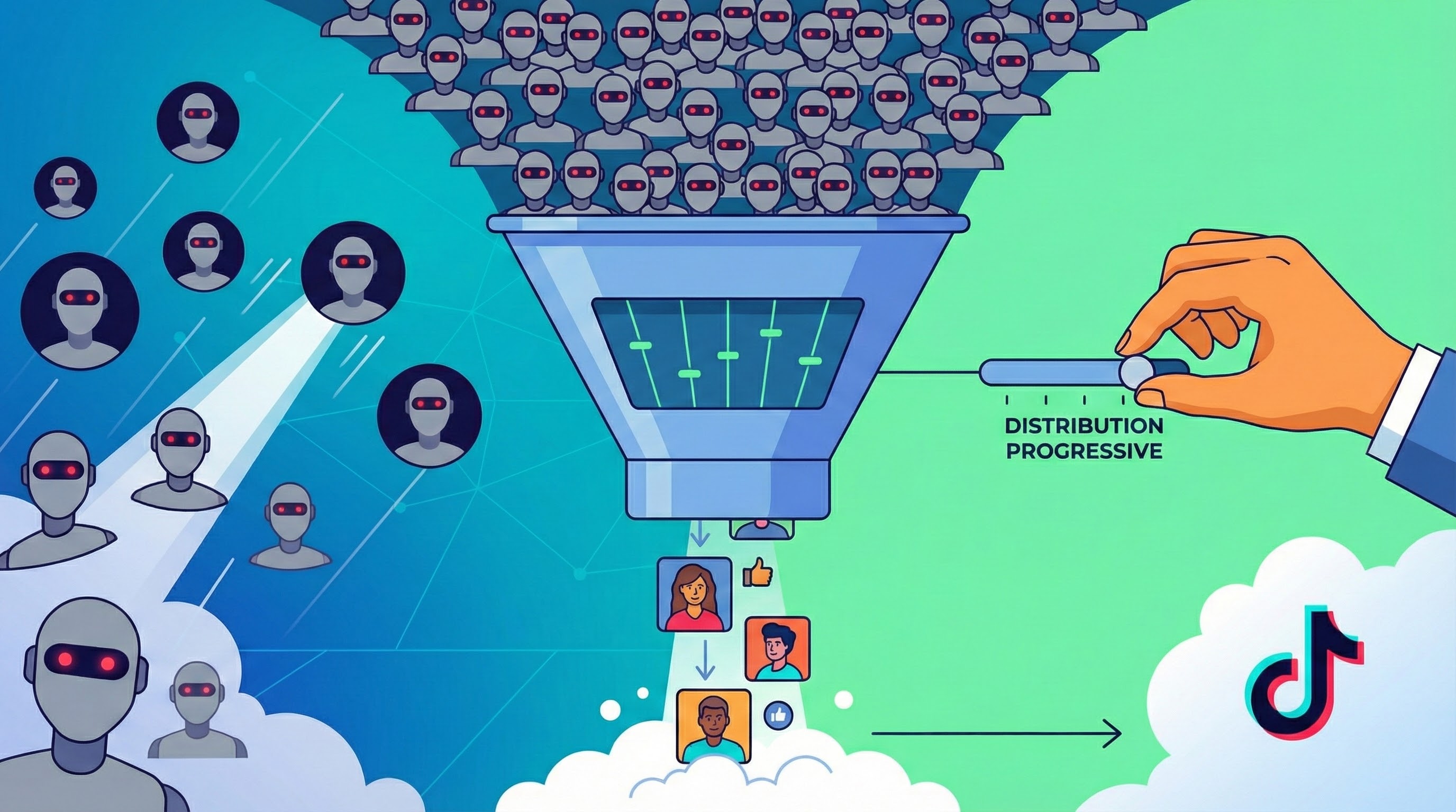 Illustration montrant un entonnoir technologique filtrant une masse de profils de bots, ne laissant passer que des profils d'utilisateurs réels et actifs, avec une main ajustant un curseur étiqueté "Distribution Progressive"