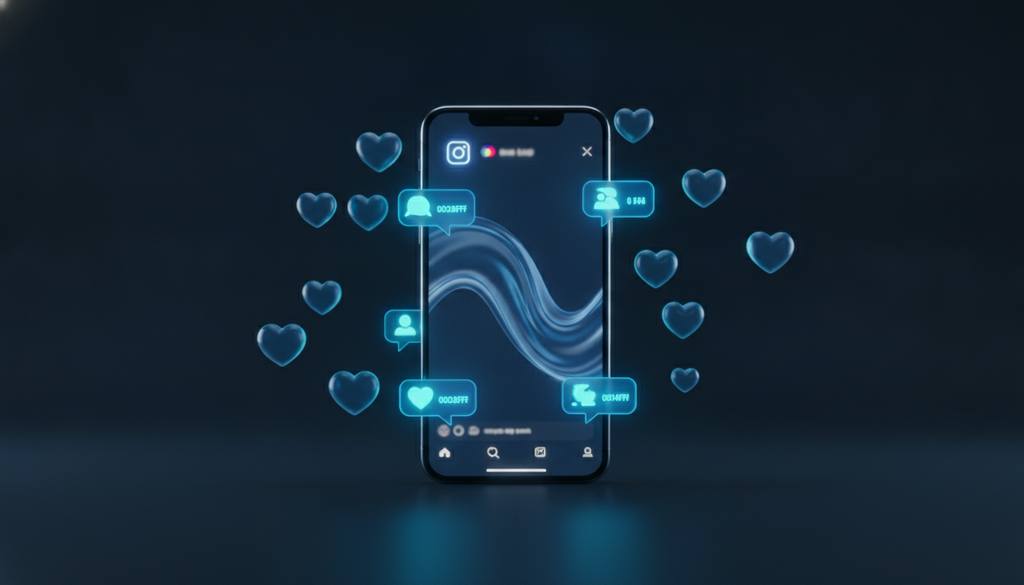 Smartphone, das einen Instagram-Live überträgt, umgeben von leuchtenden Reaktionen und Kommentaren