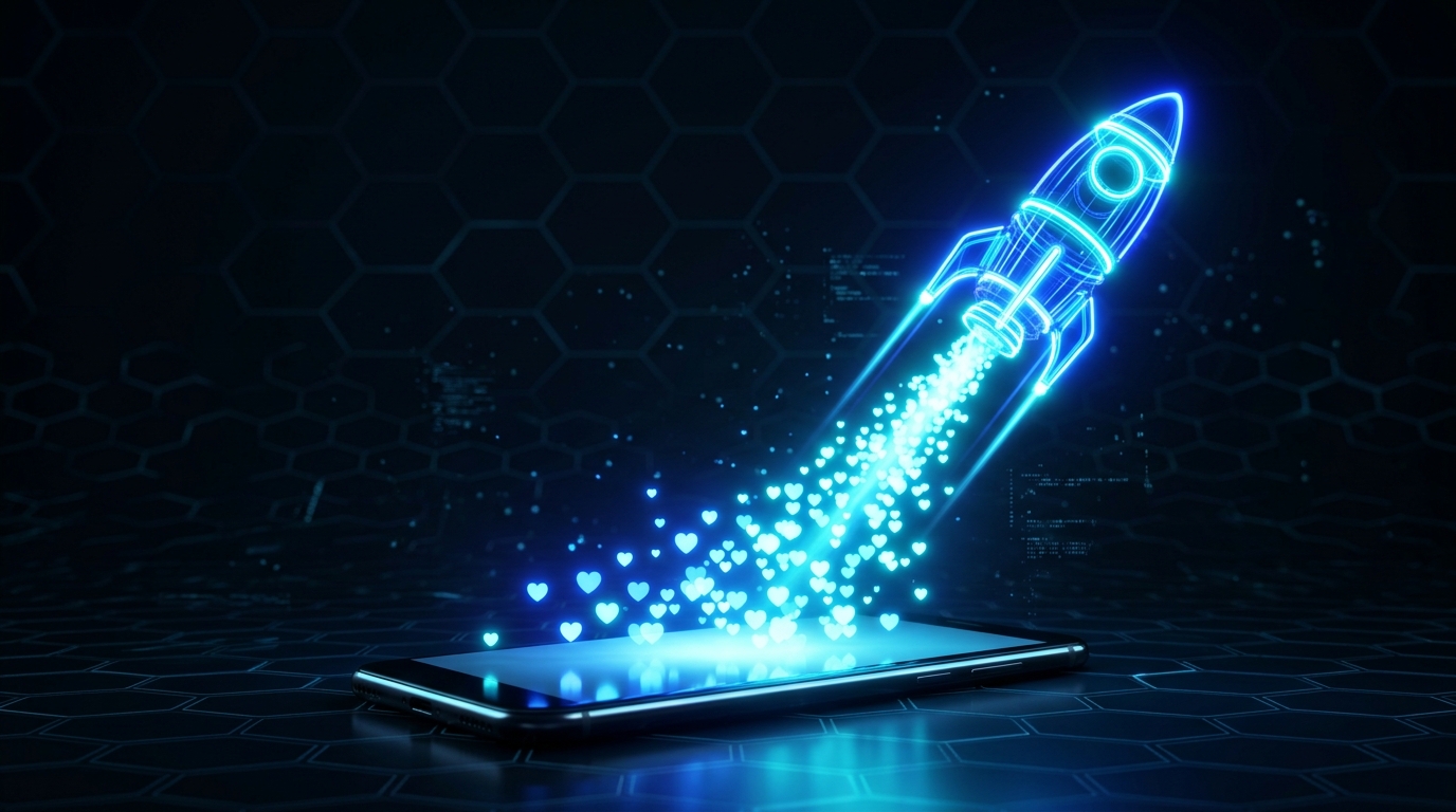 Cohete de neón impulsado por una estela de corazones que simboliza la viralidad en TikTok tras un impulso de likes