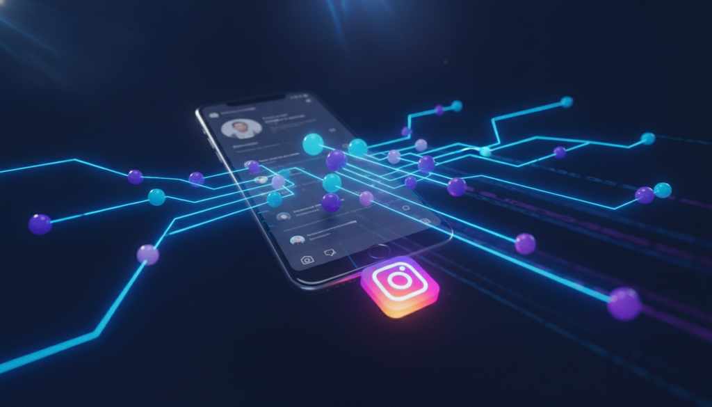 3D smartphone displaying an Instagram profile connected to a neon network of followers