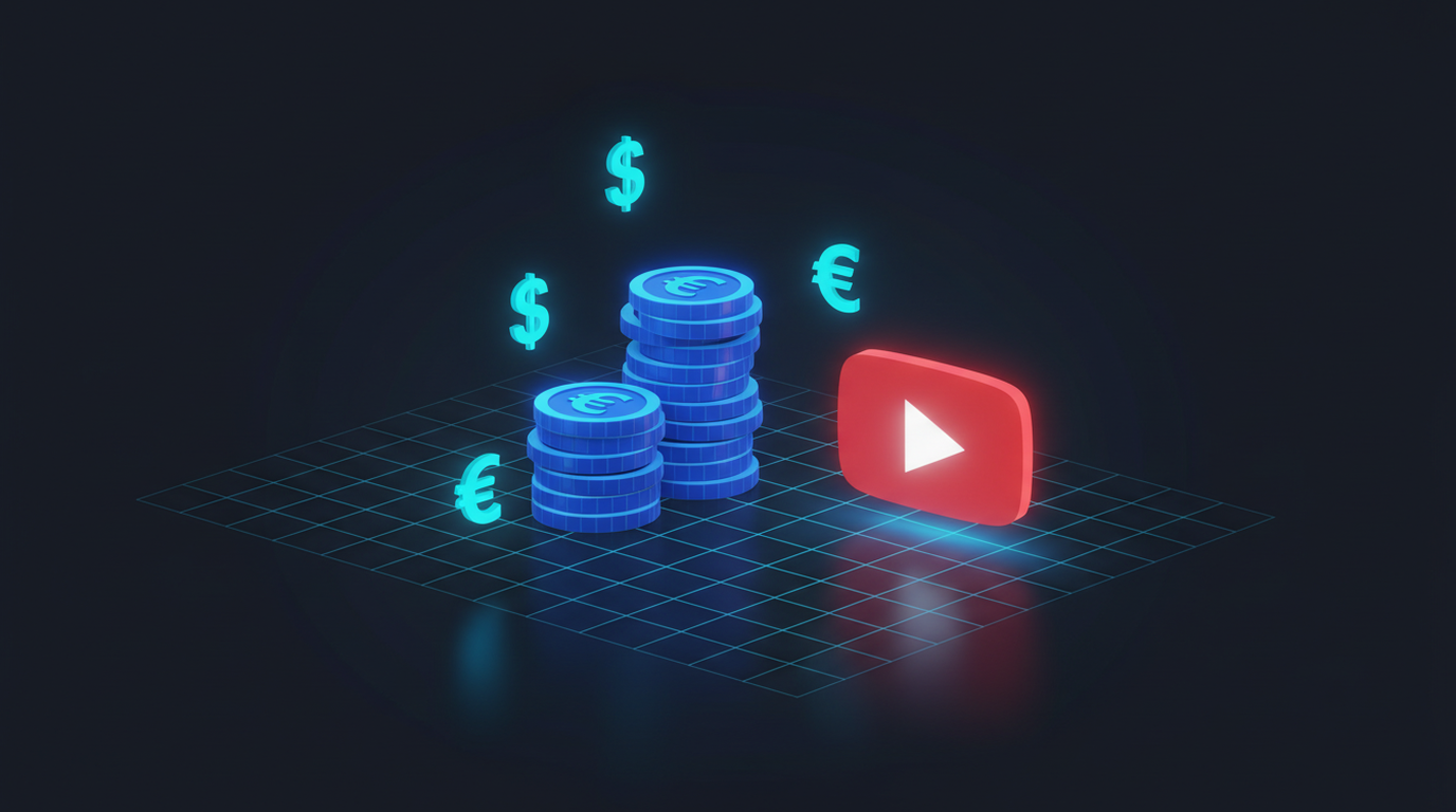 Tumpukan koin dan simbol mata uang yang menggambarkan pendapatan iklan YouTube pada 2026