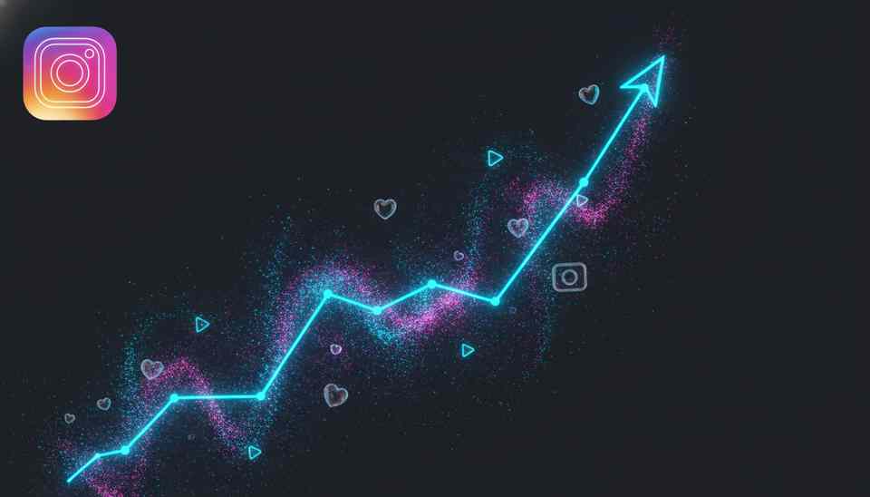 Curva di crescita di un Reel Instagram spinta verso l'alto da neon blu e ciano
