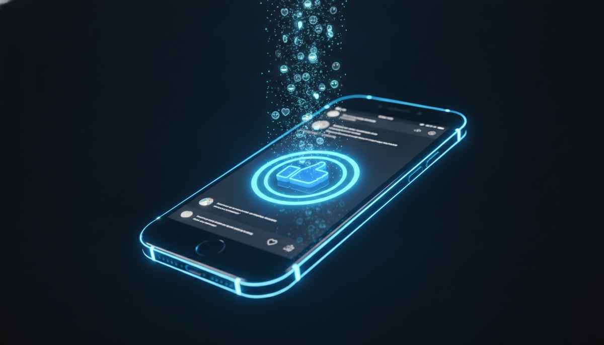 Bouton J’aime Facebook pressé sur un smartphone avec des réactions qui montent