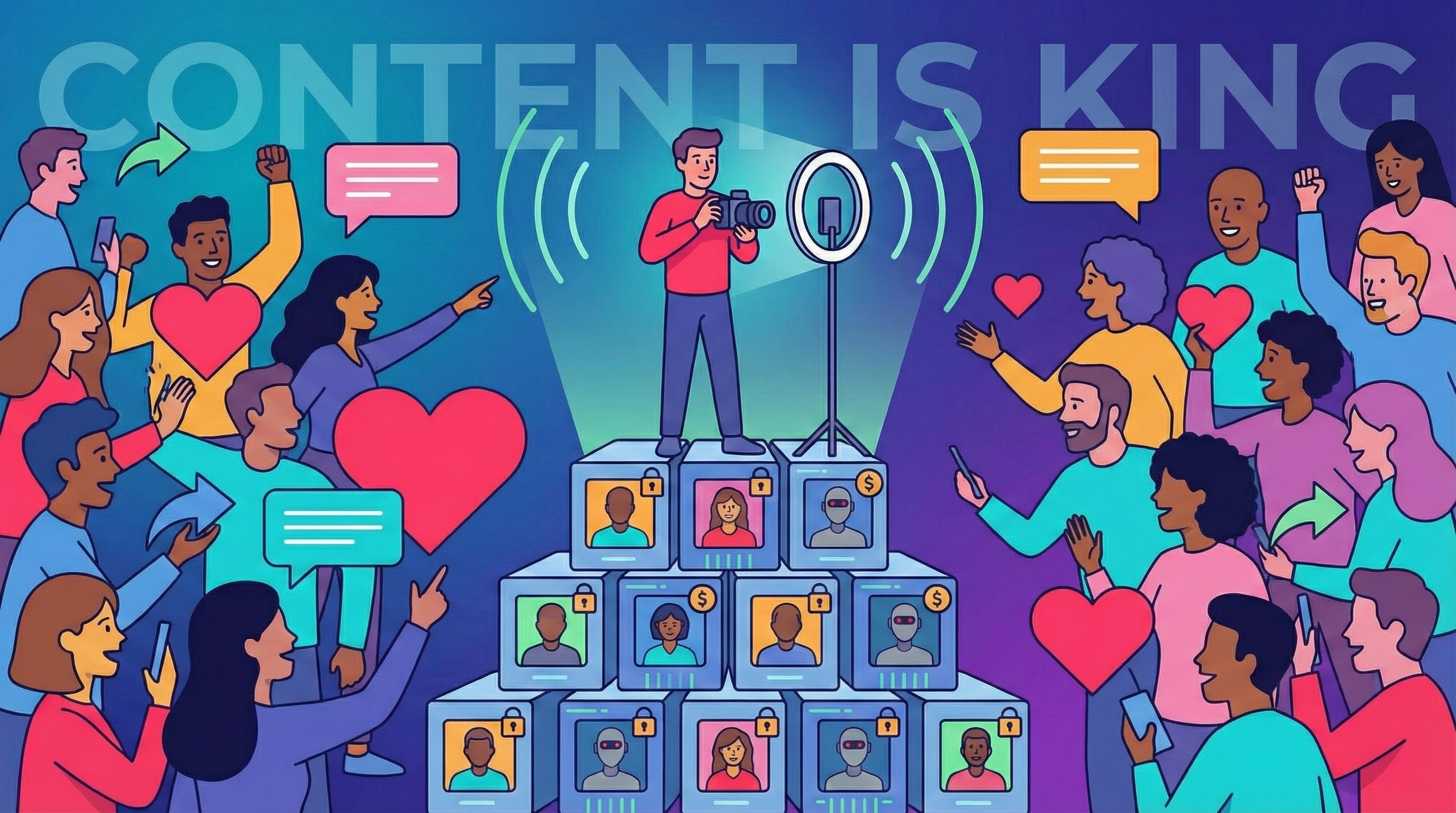 Illustration montrant un créateur de contenu sur un piédestal fait de profils achetés (avec des cadenas), produisant du contenu vidéo. Il est entouré d'une foule diversifiée d'utilisateurs réels qui interagissent avec des likes, commentaires et partages, sous le texte "CONTENT IS KING".