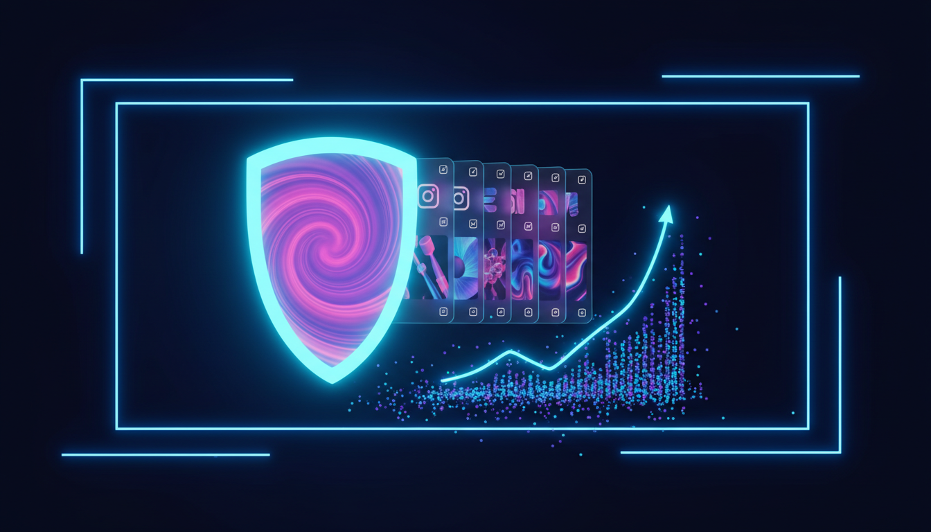 Bouclier neon protégeant des vignettes Reels Instagram