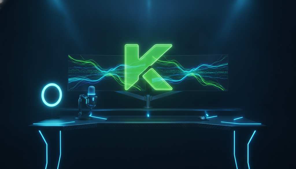 โลโก้ Kick แบบ 3 มิติพร้อมชุดสตรีมมิ่งที่มีไฟส่องสว่างบนพื้นหลังสีเข้ม