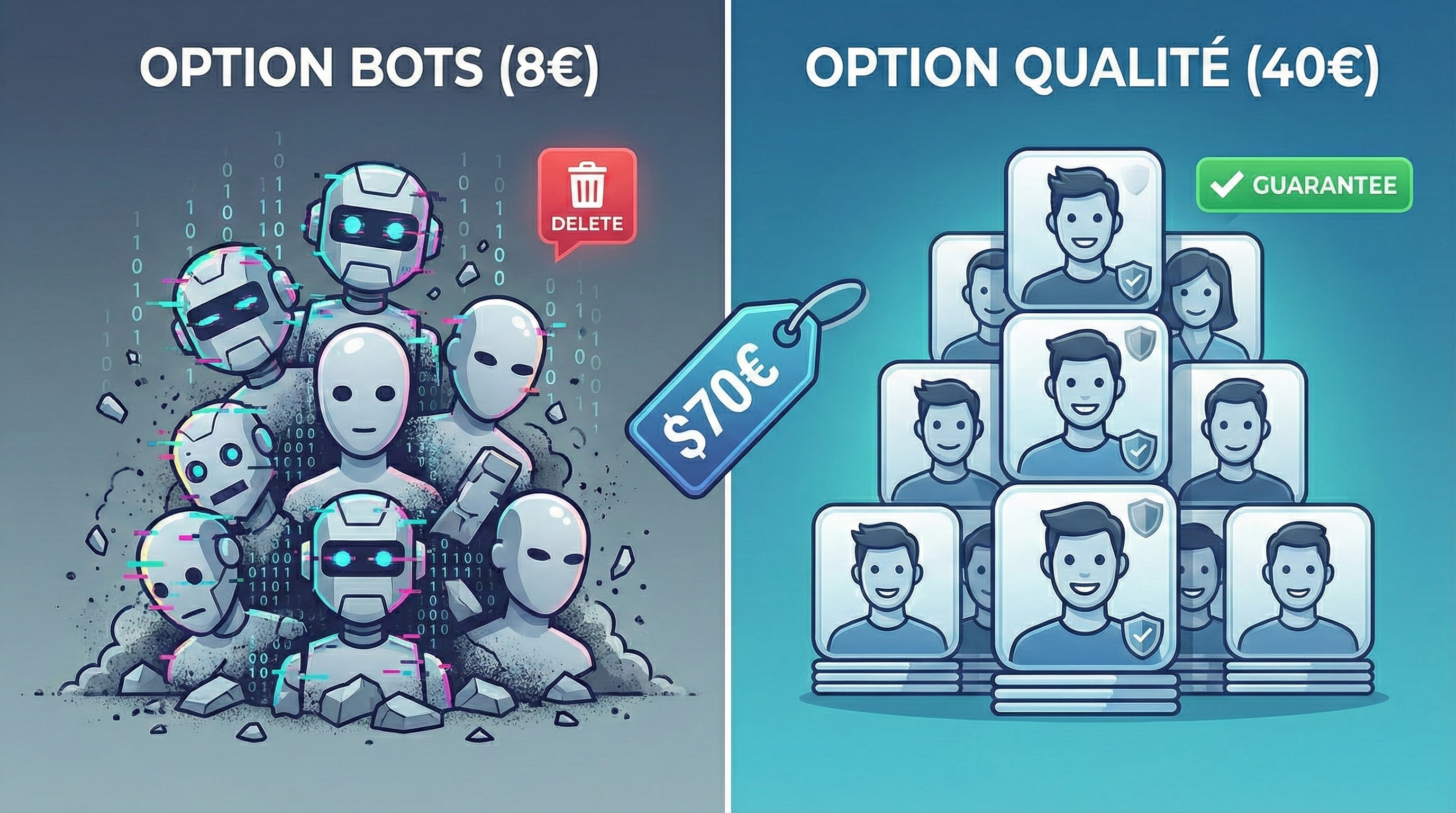 Comparaison visuelle entre l'achat de followers "bots" pas chers qui se désintègrent et l'option "qualité" plus chère avec des profils stables et garantis.