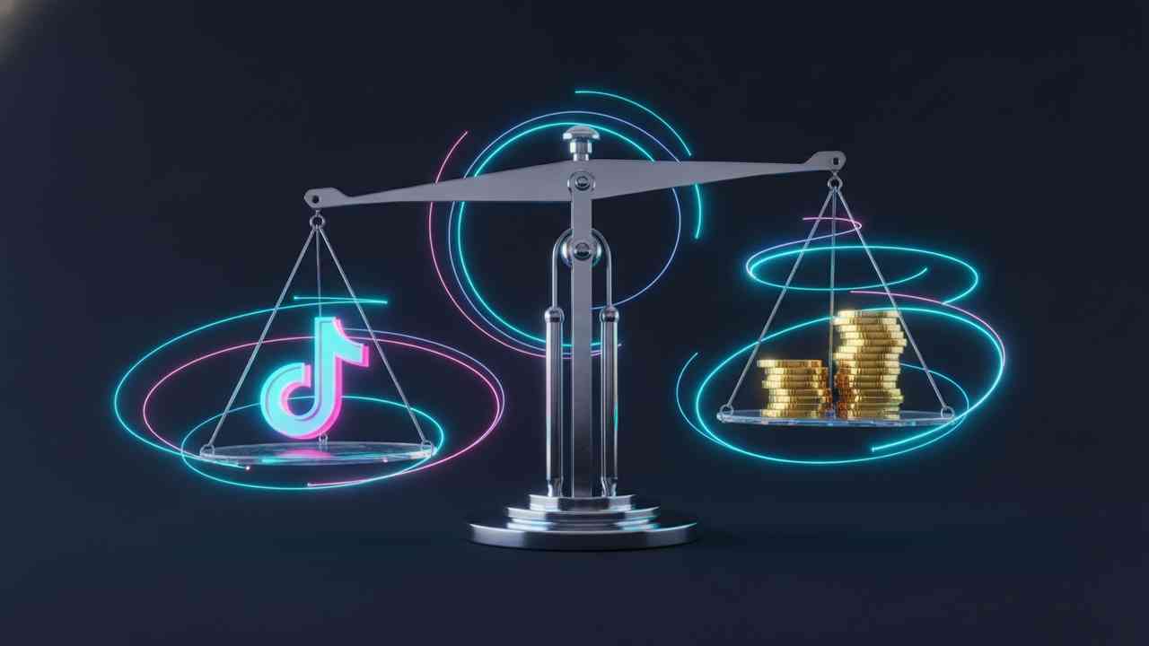 Il valore di un pubblico TikTok di 1000 follower rappresentato da una bilancia tra il logo TikTok e delle monete