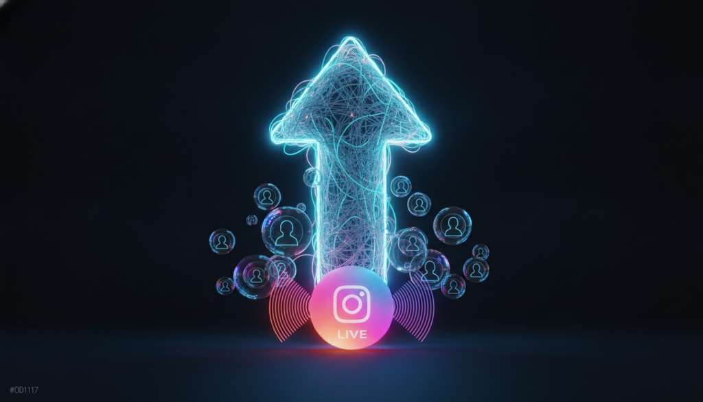 Illustration eines Instagram-Publikumswachstums mit einem leuchtenden Pfeil und verbundenen Profilen