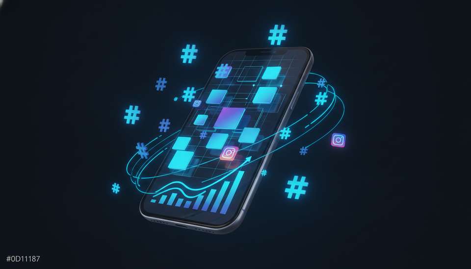 Smartphone showing an Instagram feed with floating hashtags and a rising engagement curve
