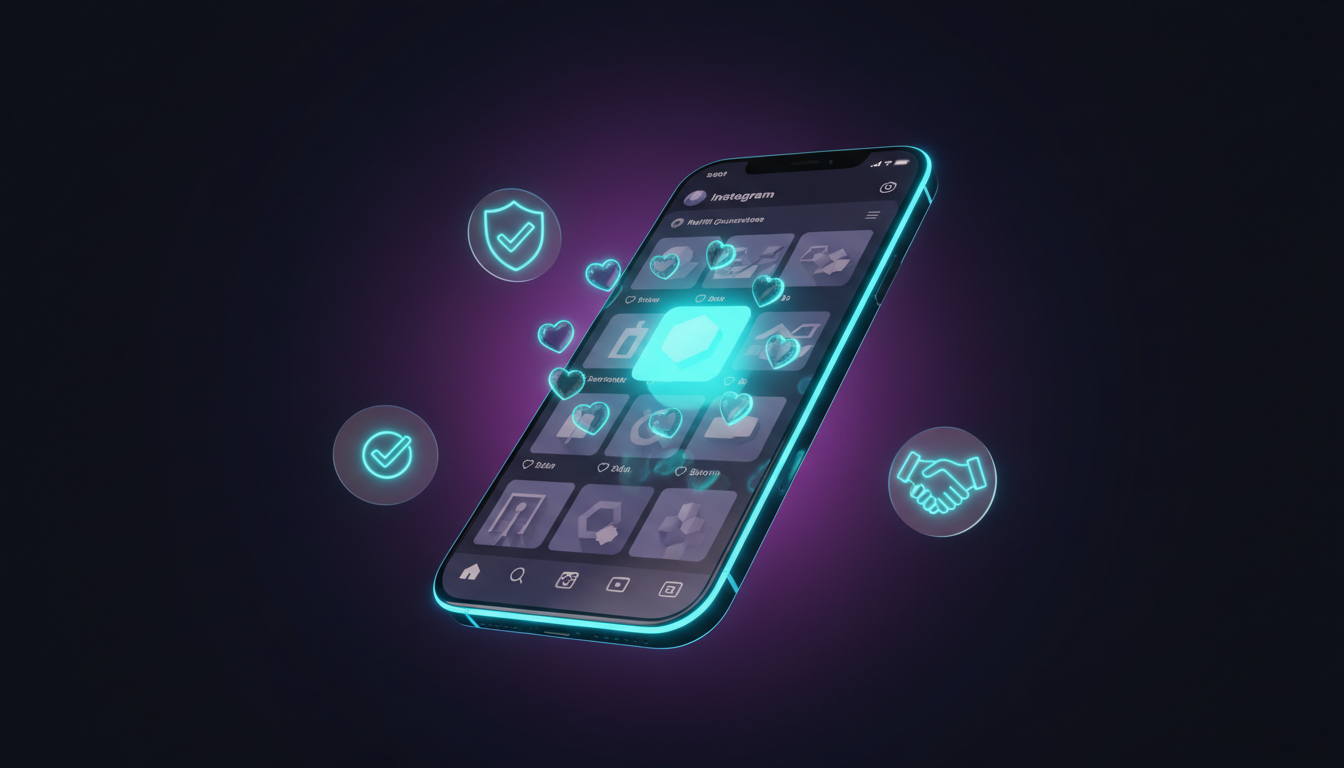 Smartphone mostrando un feed Instagram con interacciones y sellos de confianza