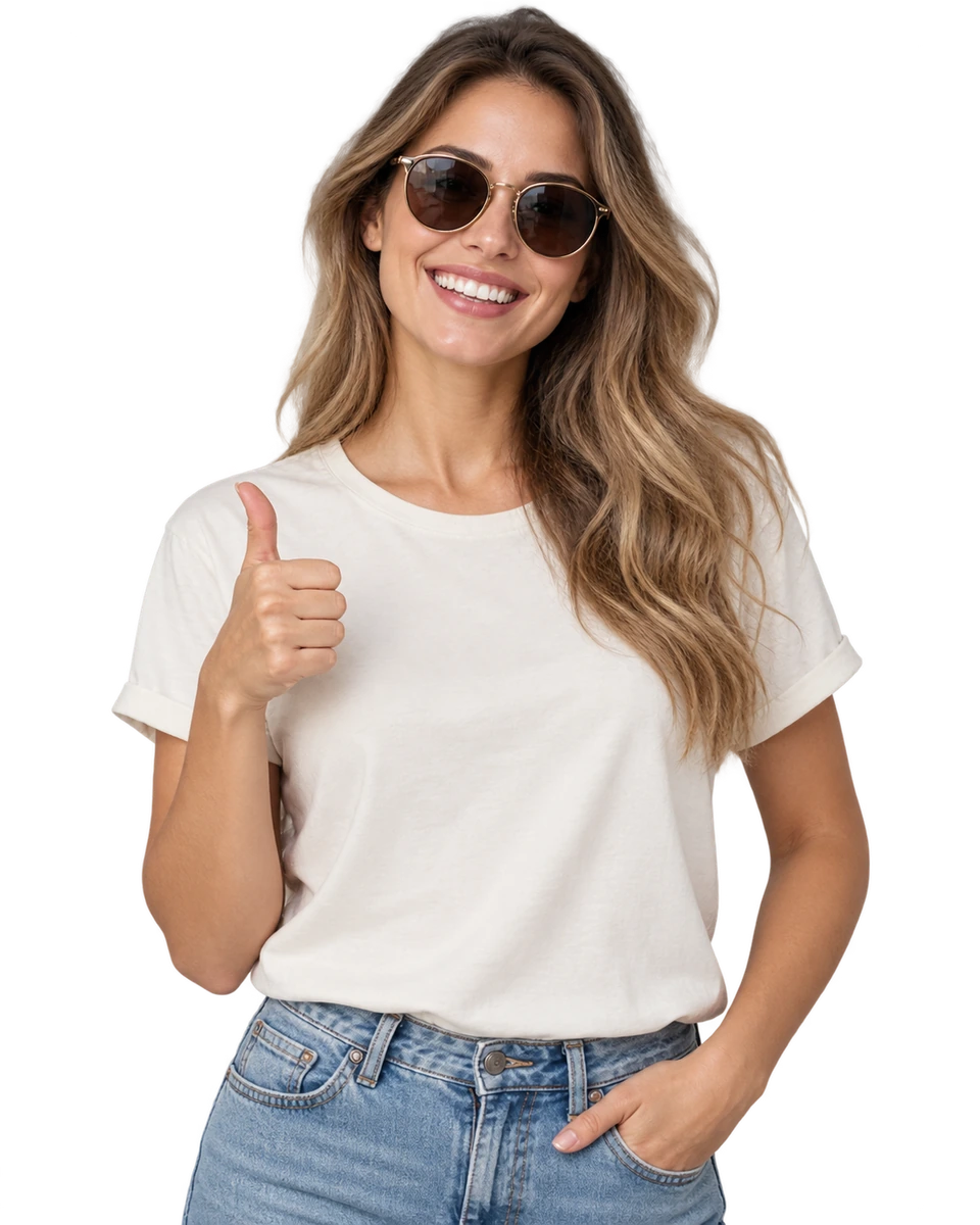 A smiling creator in sunglasses giving a thumbs-up