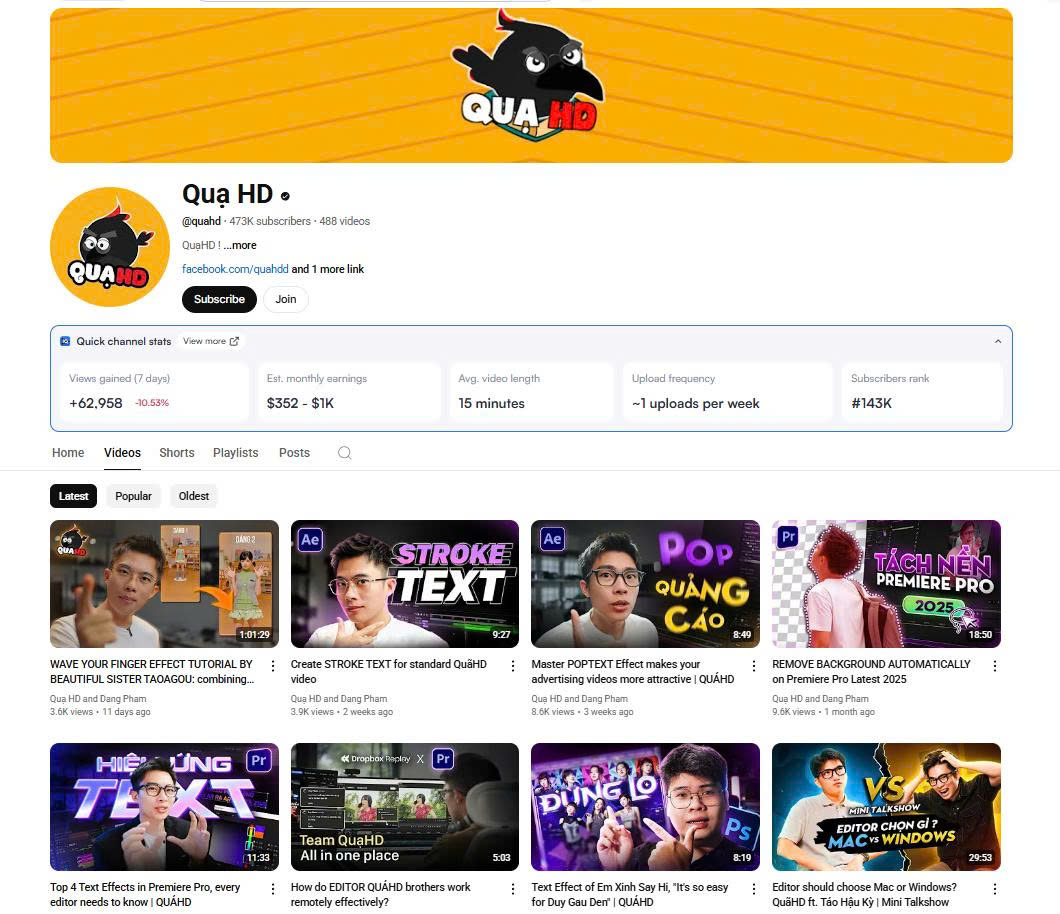 Từ kênh ‘tấu hề’ đến hiện tượng YouTube: QUẠ HD chạm mốc 473K sub, 50 triệu view chỉ nhờ dạy edit cho newbie