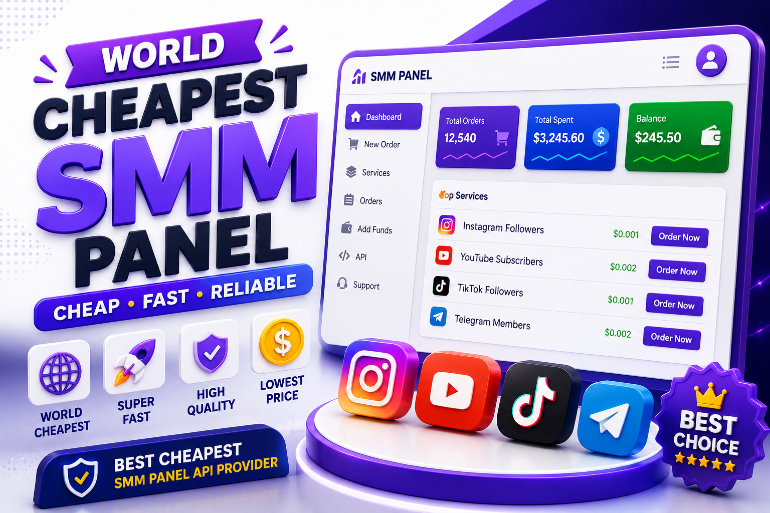 World cheapest SMM panel dashboard showing best Cheapest SMM Panel API provider pricing, order stats and reseller tools on Growtak