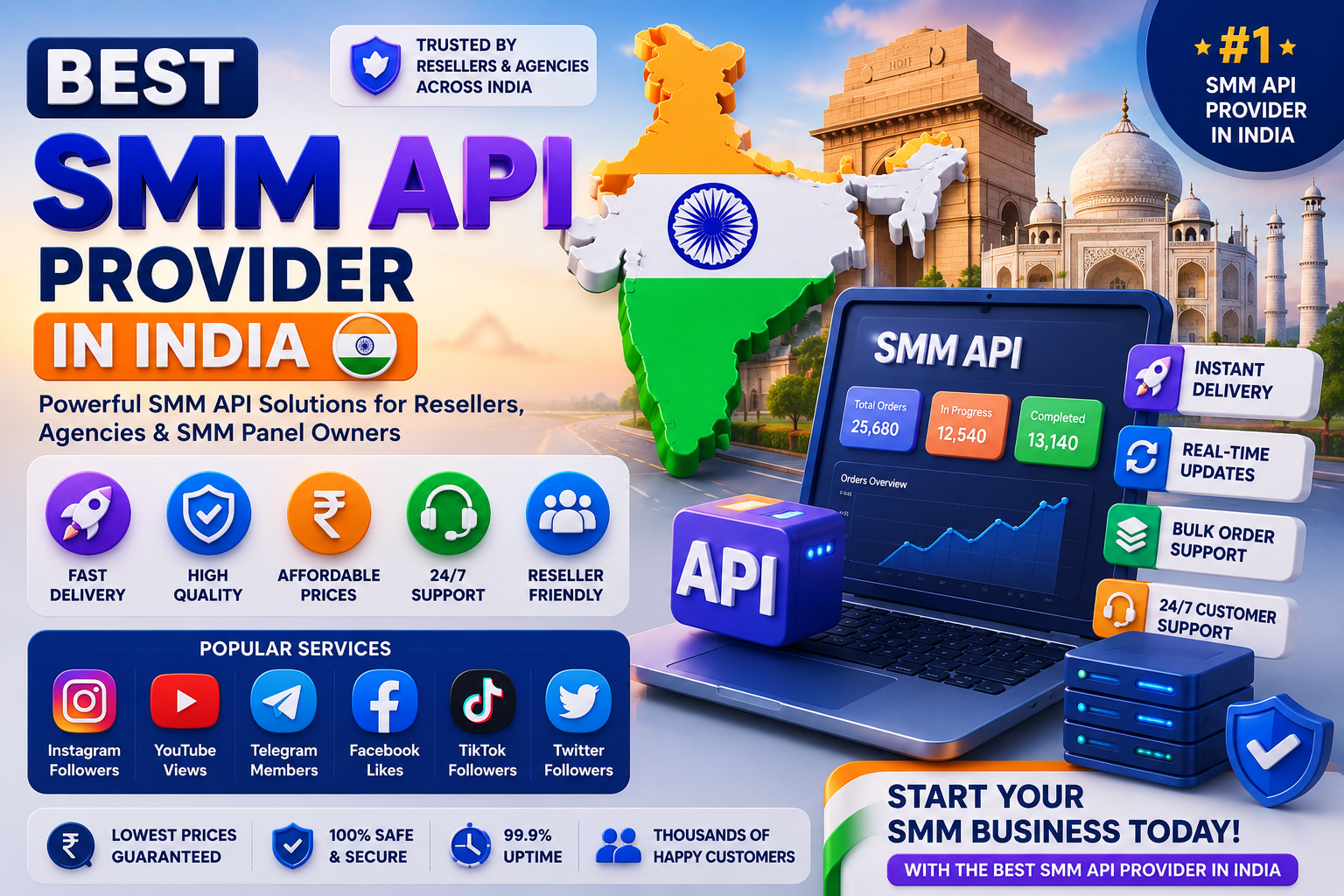 Best SMM API Provider in India - GrowTak SMM panel dashboard with automated API services for Instagram, YouTube, Telegram and Facebook resellers.