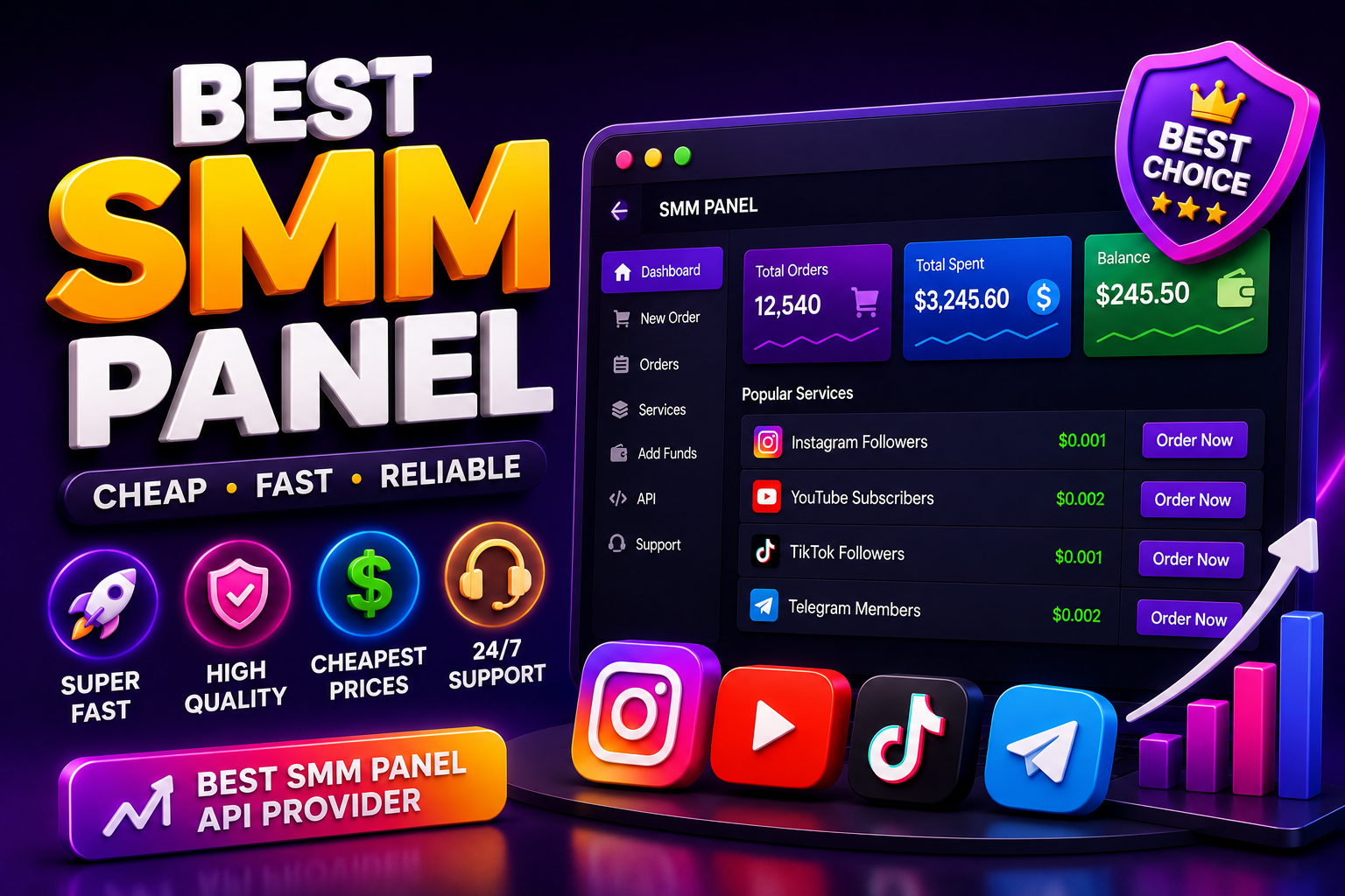 Best SMM Panel and API Provider dashboard showing social media growth for Instagram, YouTube, TikTok, and Facebook in 2026.