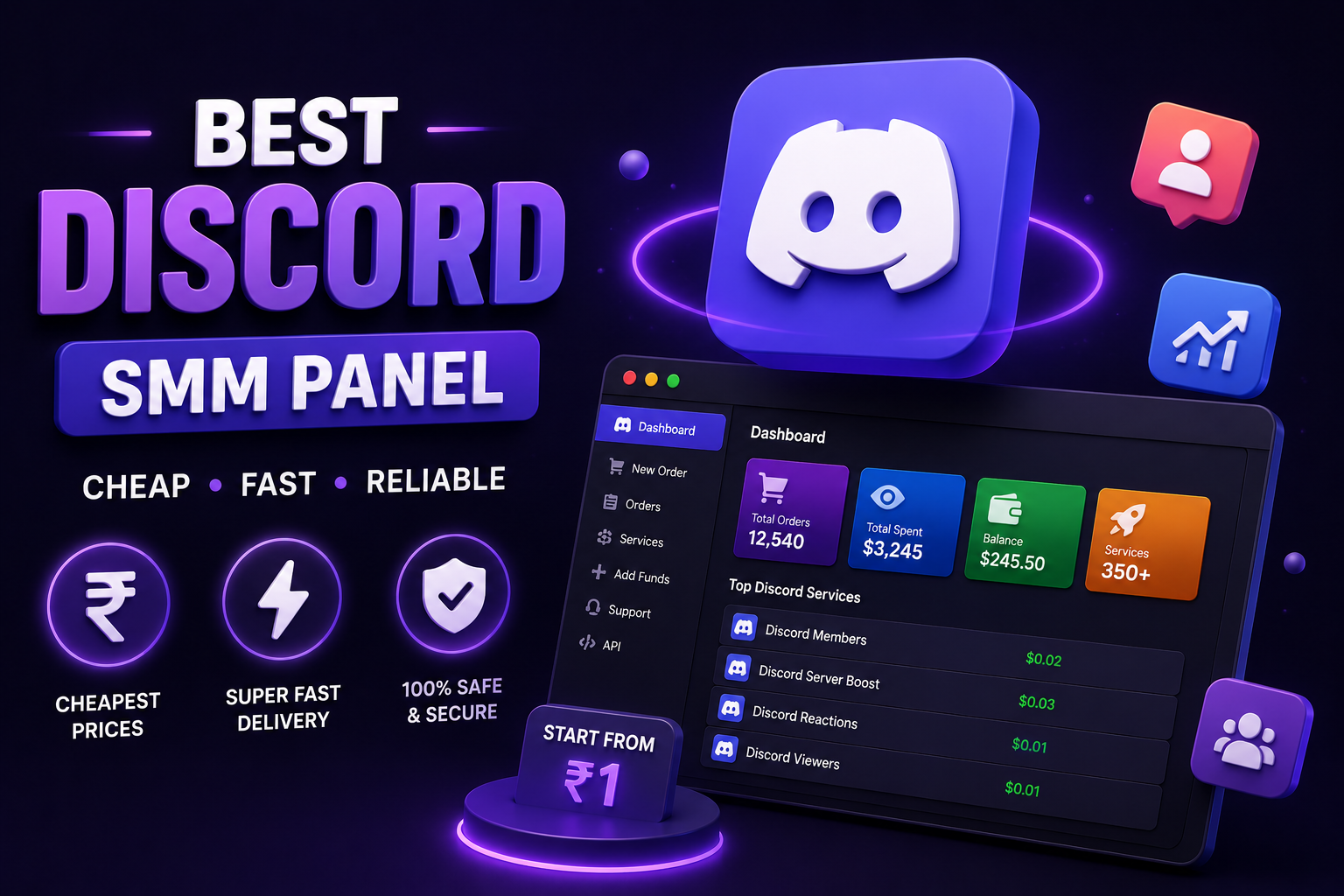Discord SMM Panel dashboard showing best and cheapest services for members, boosts, online presence and engagement growth by GrowTak