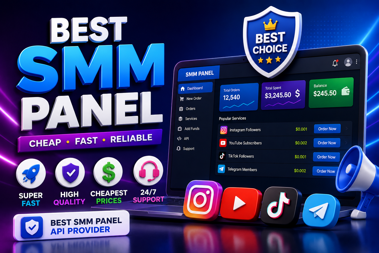 Best SMM panel dashboard illustration showing growth graph with Instagram, Facebook, TikTok, YouTube, Twitter/X, Telegram and LinkedIn icons for best SMM panel API provider guide 2026