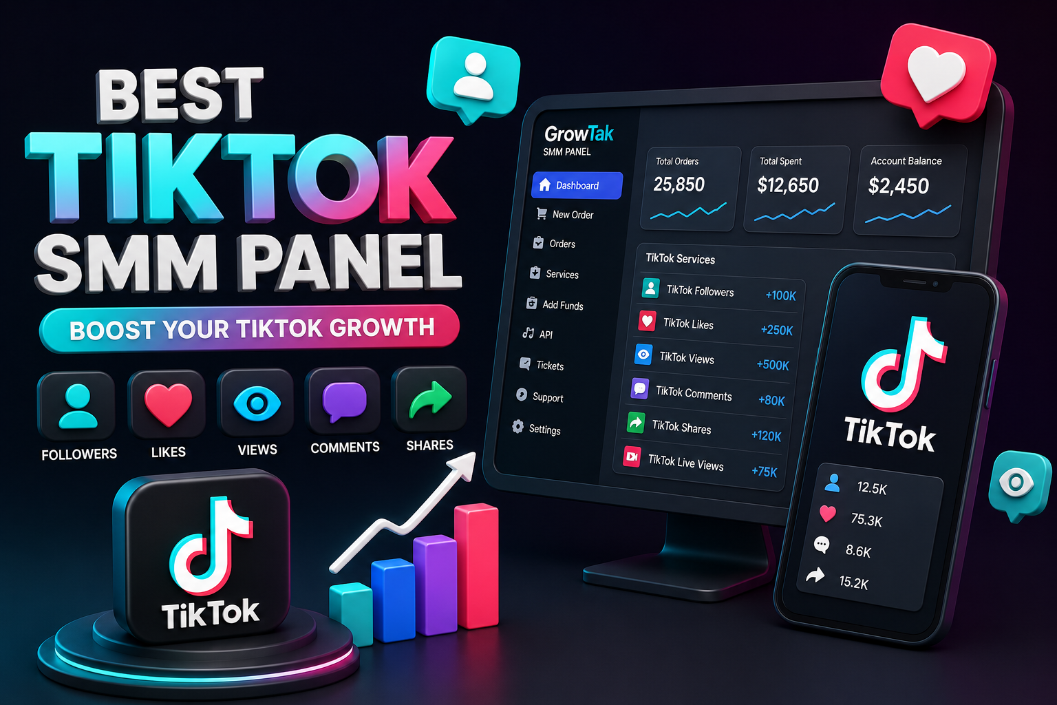 Modern 3D TikTok SMM Panel illustration with TikTok logo, followers, likes, views, comments, shares, API integration and social media marketing dashboard.