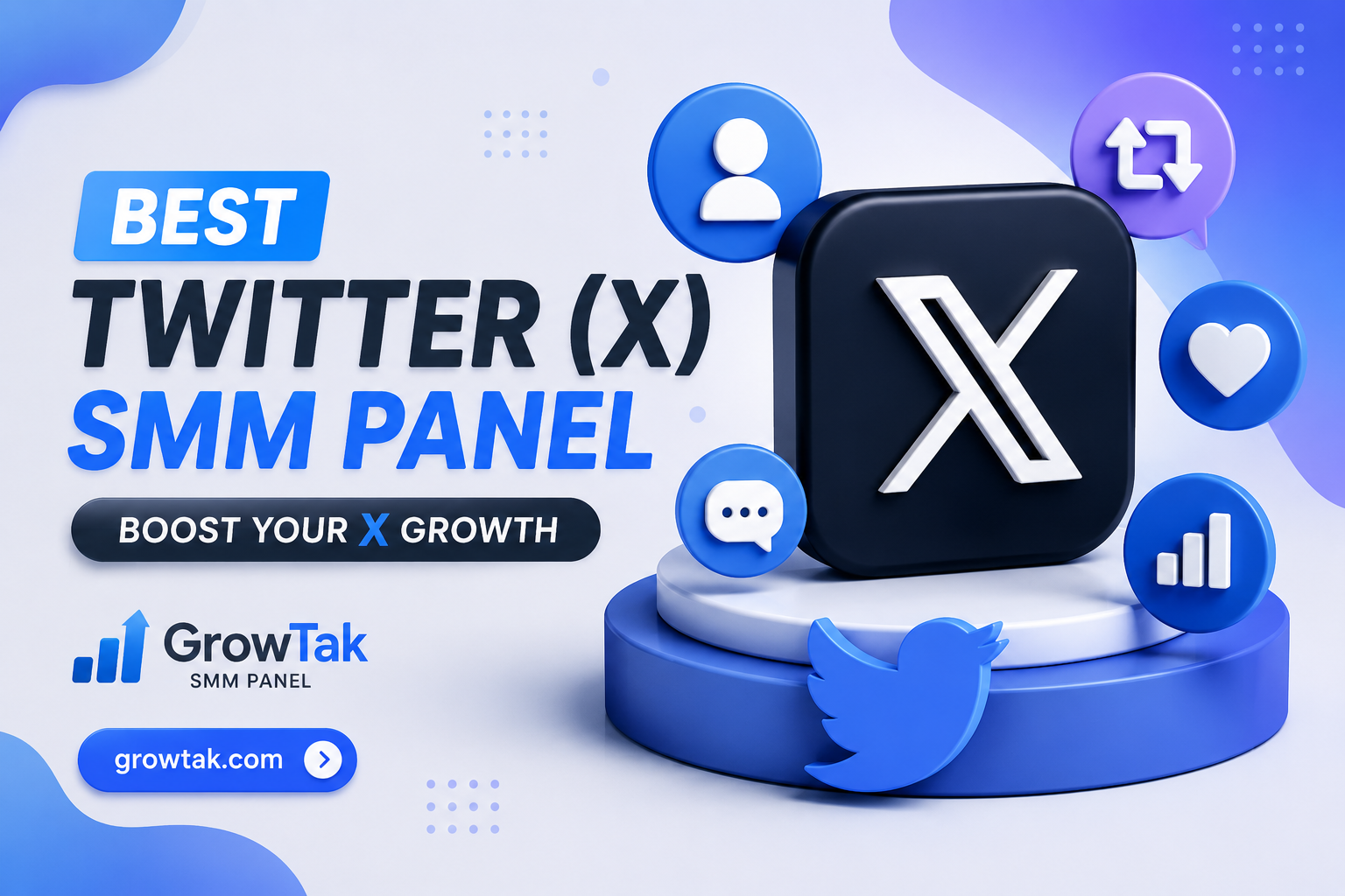 Best Twitter X SMM Panel 2026 dashboard by GrowTak showing fast follower growth, high retention likes, and retweet services for social media marketing