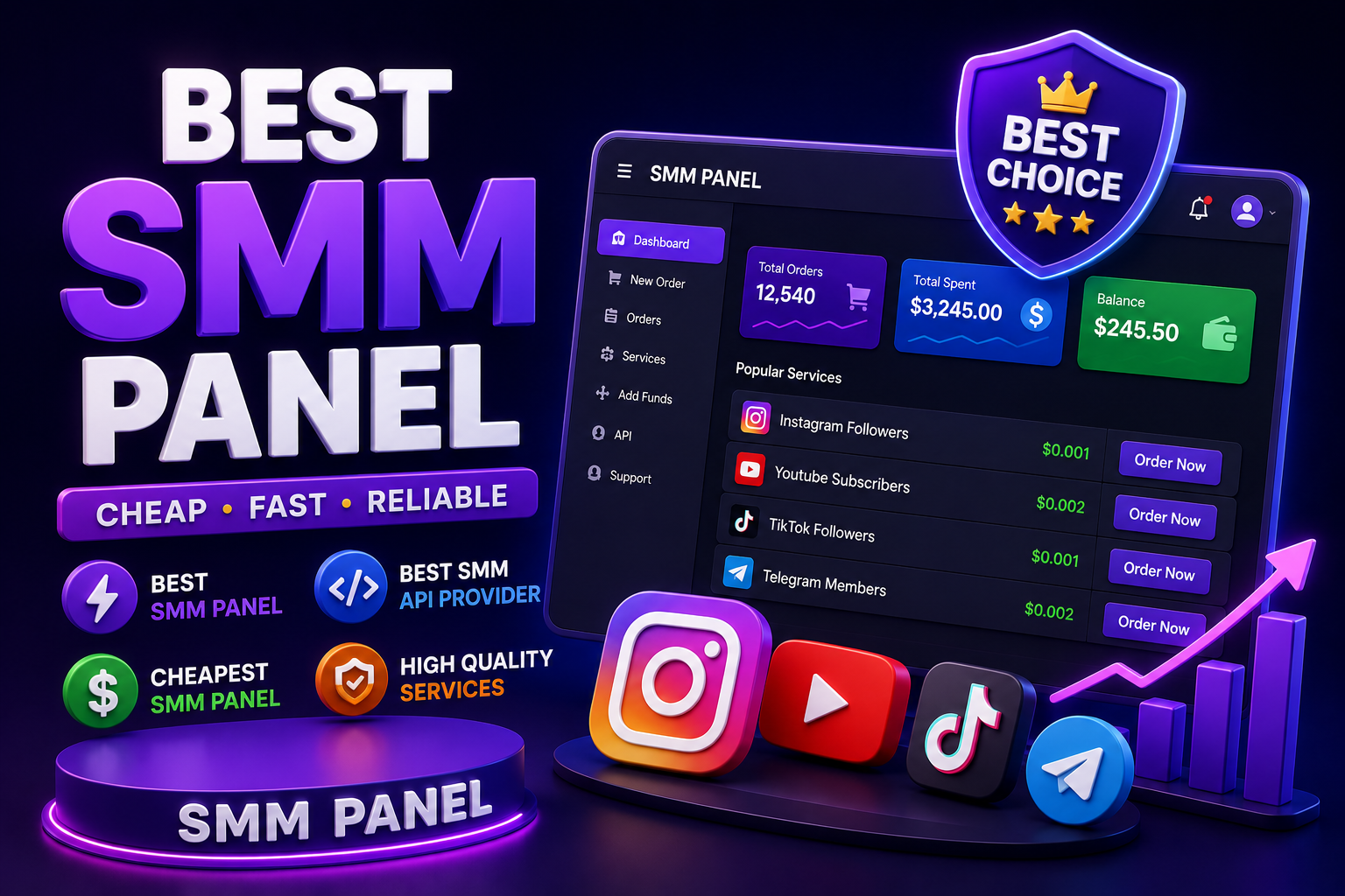 Best SMM Panel API Provider dashboard offering affordable social media marketing services for Instagram, YouTube, TikTok, Facebook, Telegram, Discord, LinkedIn, and other major platforms