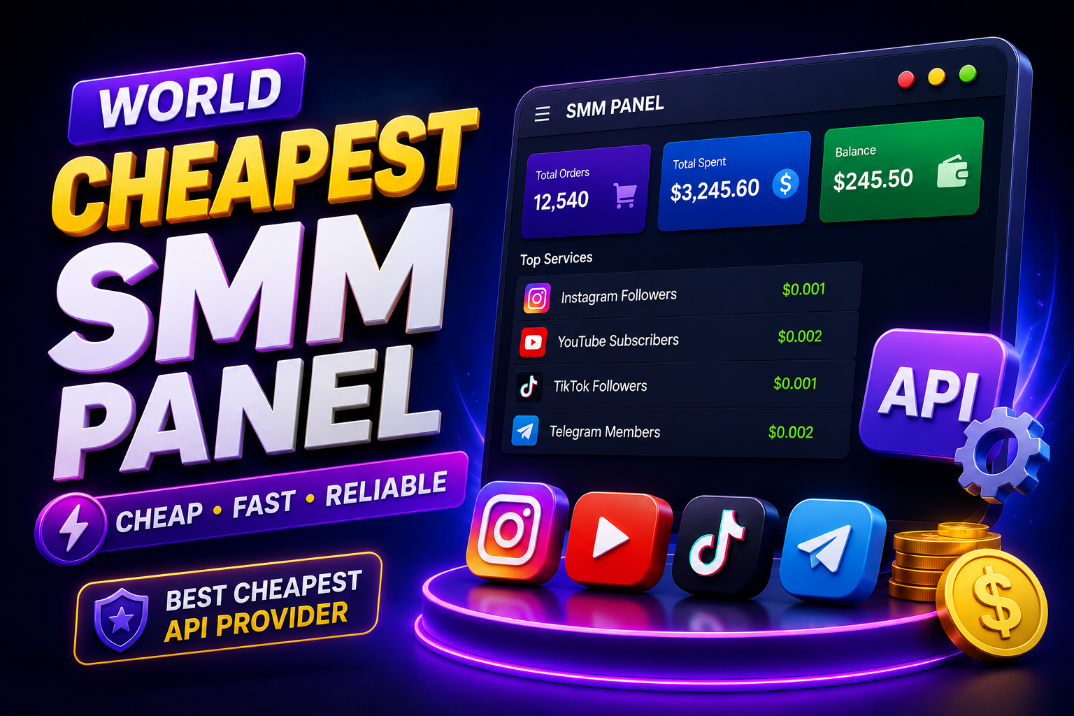 World Cheapest SMM Panel API Provider offering affordable social media marketing services, reseller API integration, fast order processing, and low-cost SMM solutions for Instagram, YouTube, TikTok, Facebook, Telegram, Discord, LinkedIn, Twitter (X), and Spotify.
