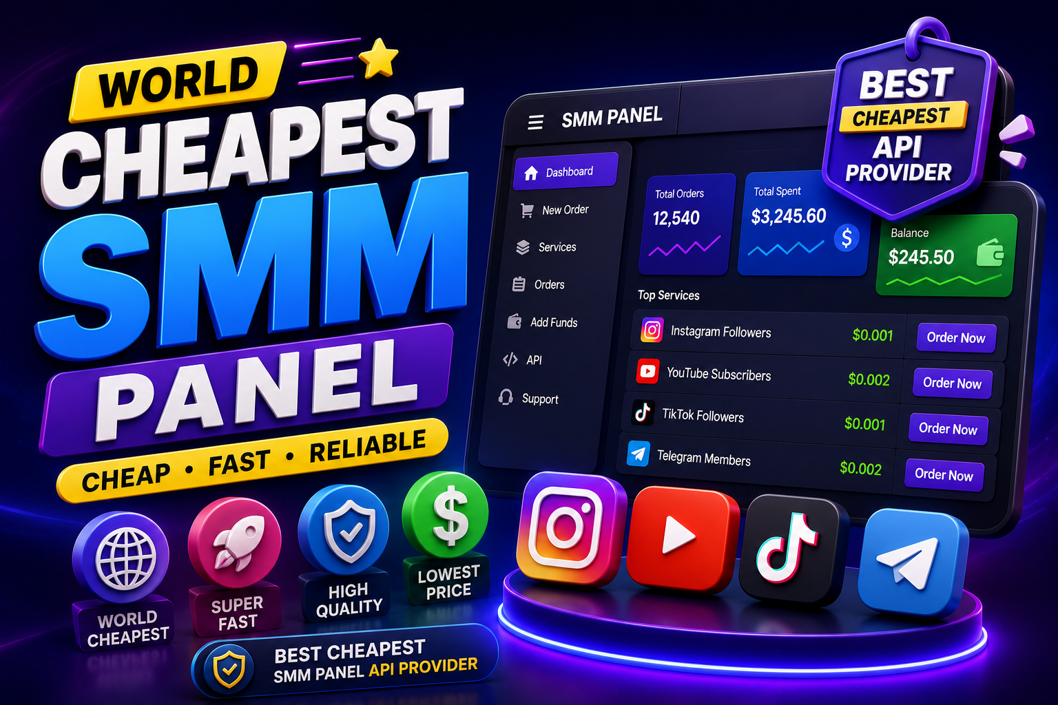 World Cheapest SMM Panel and Best API Provider dashboard showing affordable social media marketing services for Instagram, YouTube, TikTok, and Facebook on a global network.
