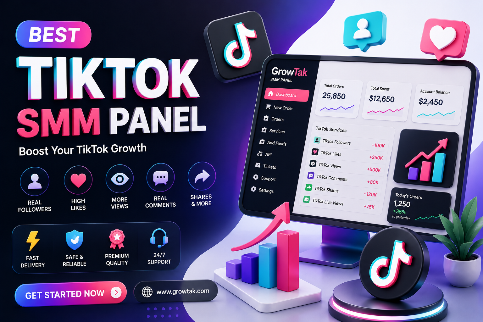 Best TikTok SMM Panel 2026 - Growtak TikTok followers, likes and views growth service dashboard