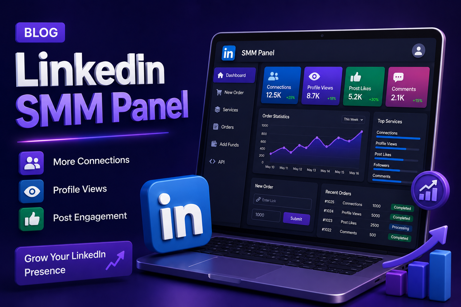 Modern 3D LinkedIn SMM Panel illustration featuring the LinkedIn logo, professional networking dashboard, followers, connections, likes, engagement analytics, API integration, and business social media marketing.