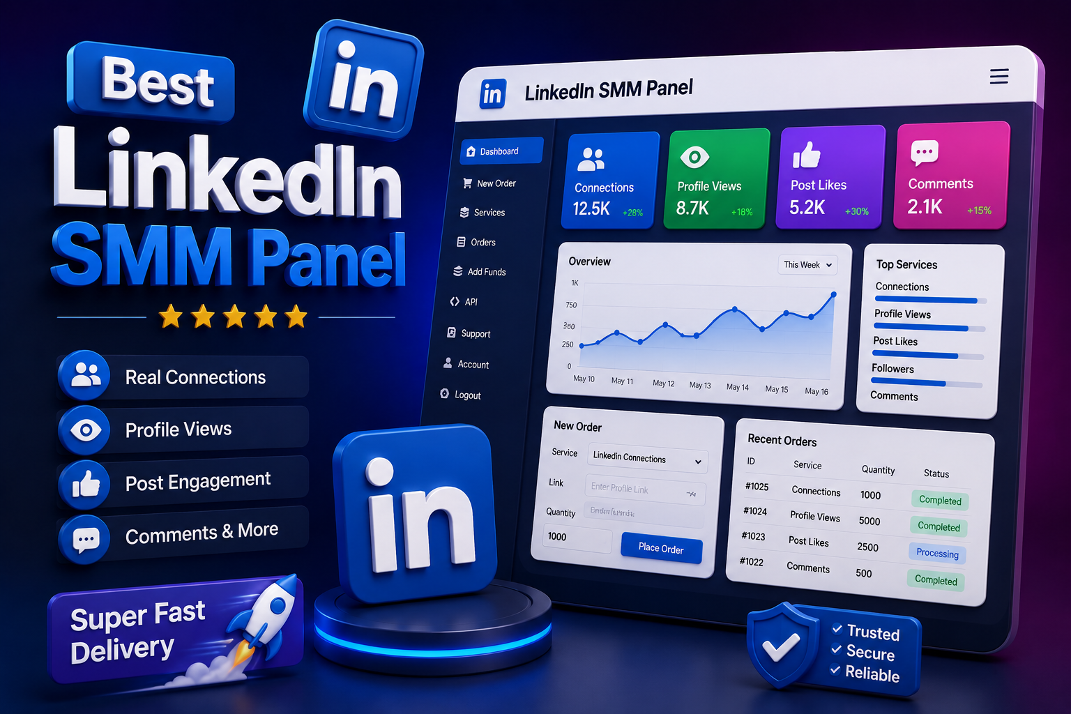 Automated LinkedIn SMM API provider interface for resellers to manage followers and connections.