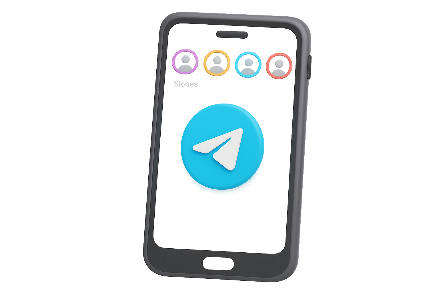 Телефон с открытым Telegram и вкладками сторис — 3D-иллюстрация 3D изображение телефона с открытым Telegram и вкладками сторис в верхней части экрана