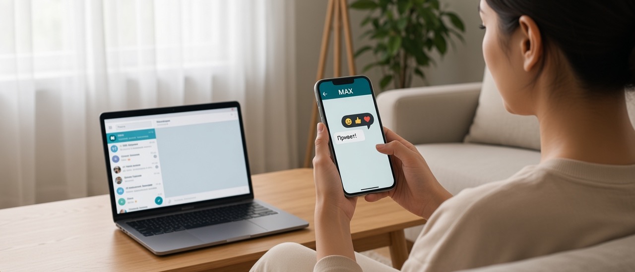 Как поставить реакцию в MAX на айфоне, Android и компьютере Девушка на диване смотрит меню реакций MAX на телефоне, рядом на столике тот же чат на ноутбуке