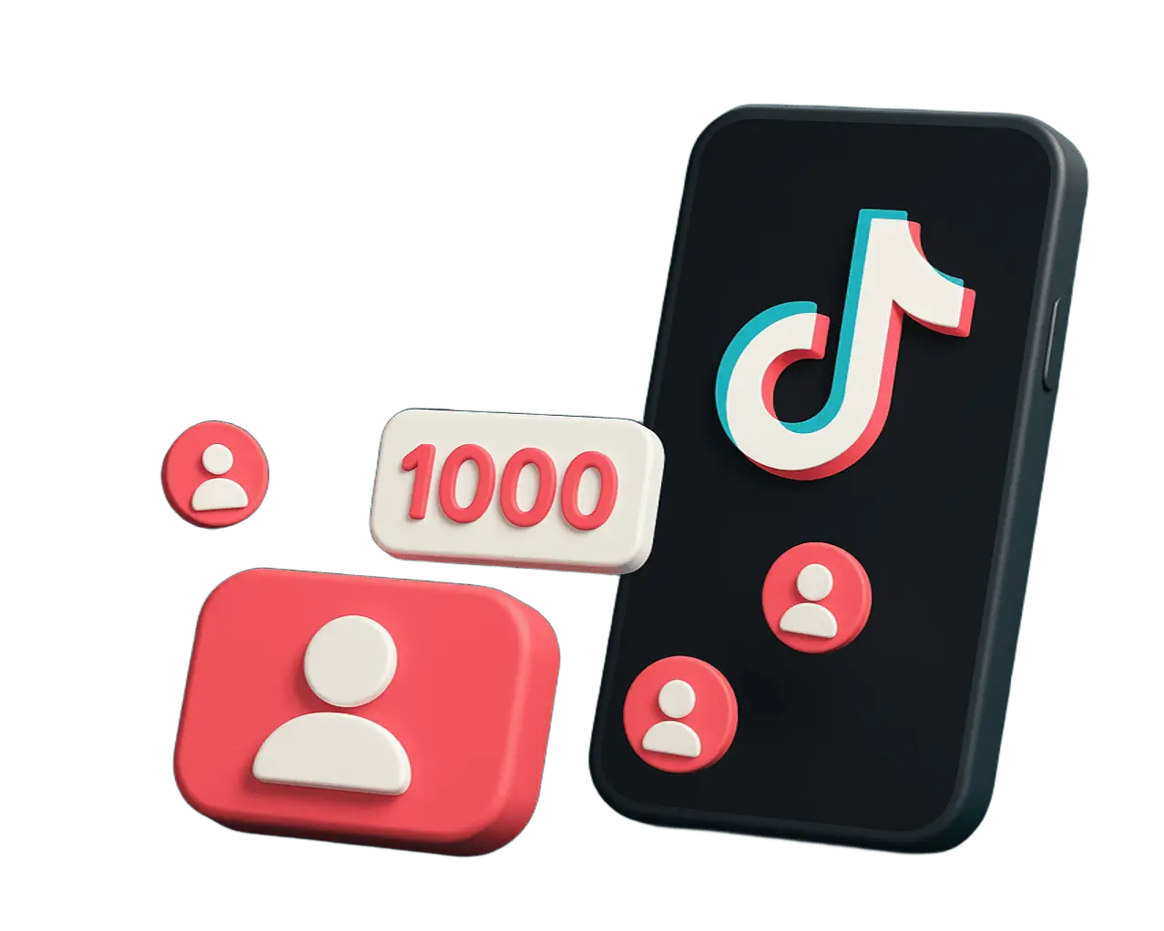Визуал к услуге: Подписчики в TikTok с гарантией 3D-иконки подписчиков и логотип TikTok рядом с телефоном — оформление для страницы TikTok-подписчиков