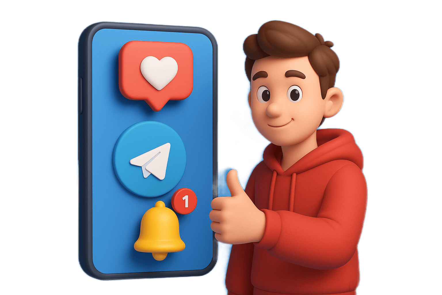 3D-иллюстрация автоматической реакции в Telegram Молодой человек показывает палец вверх рядом со смартфоном с иконкой Telegram, сердцем и колокольчиком уведомлений — концепция автоматических реакций в канале