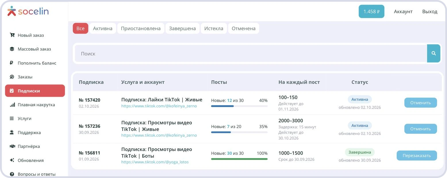 Подписки TikTok в личном кабинете Socelin: просмотры и лайки на новые видео