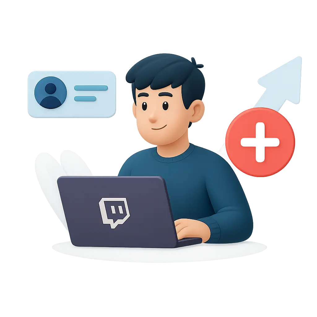 Накрутка подписчиков и фолловеров Twitch в 3D-стиле без фона 3D-иллюстрация стримера Twitch с ростом подписчиков и символами фолловеров