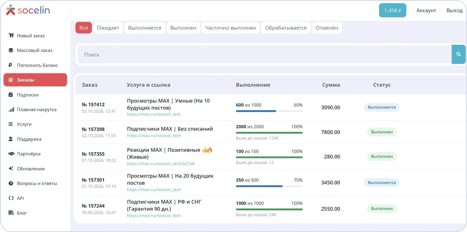Заказы MAX в личном кабинете Socelin: просмотры на будущие посты, подписчики и реакции