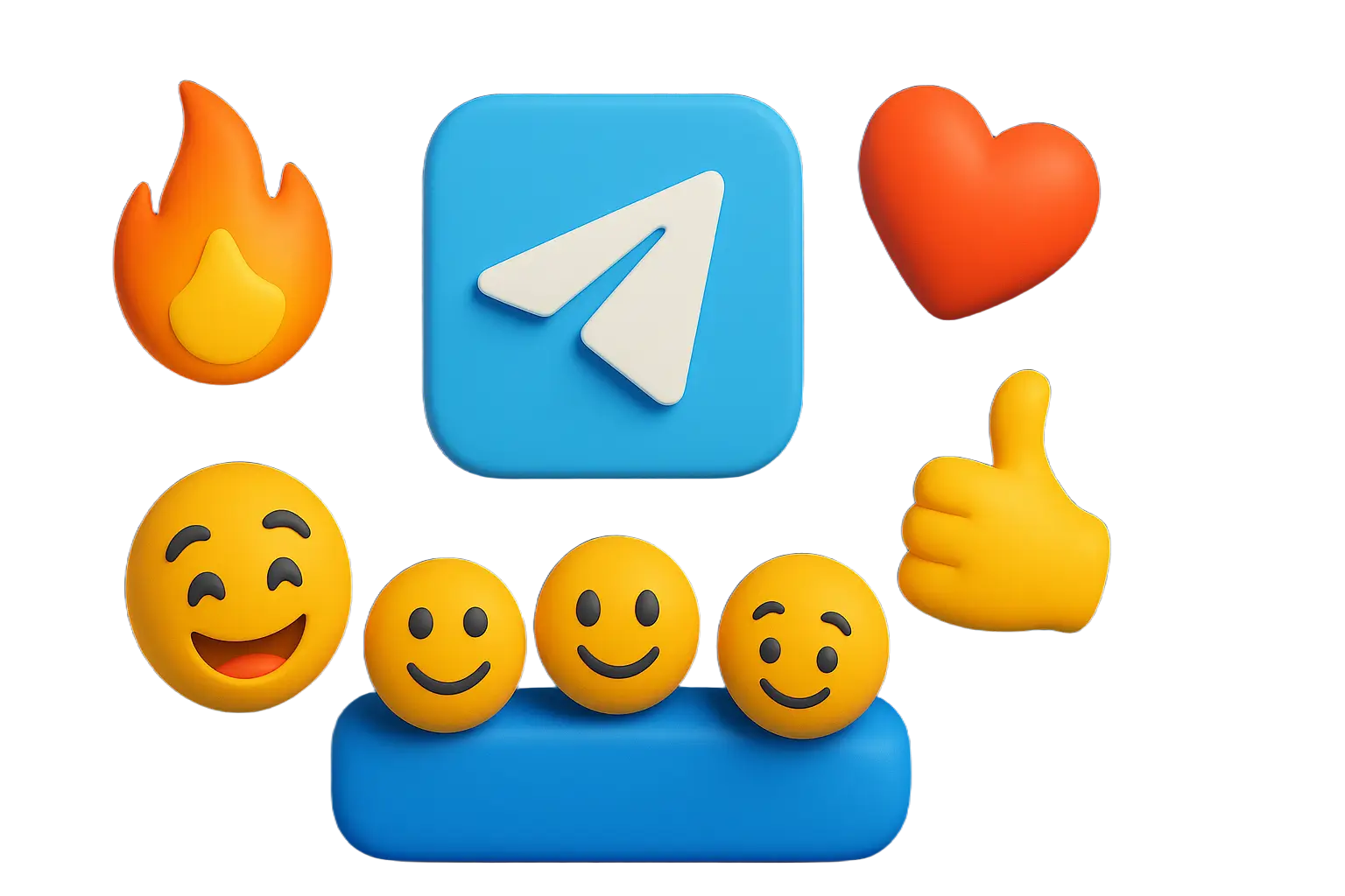 Положительные реакции в Telegram: лайки, смайлы, эмодзи и огонь 3D-эмодзи с положительными реакциями и логотипом Telegram на синем фоне — лайк, сердце, смайлы и огонь