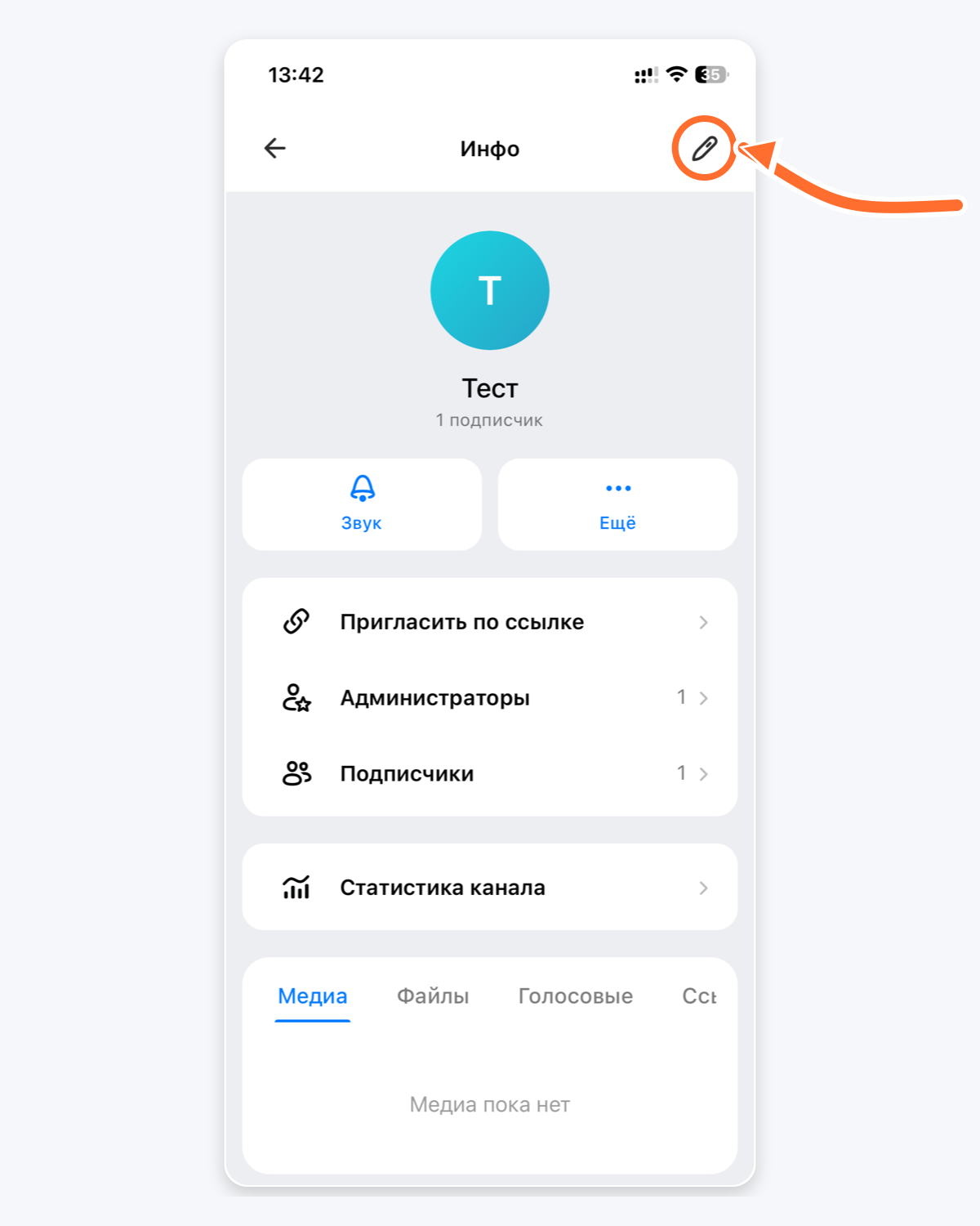 Экран «Инфо» канала MAX: стрелка указывает на карандаш справа сверху