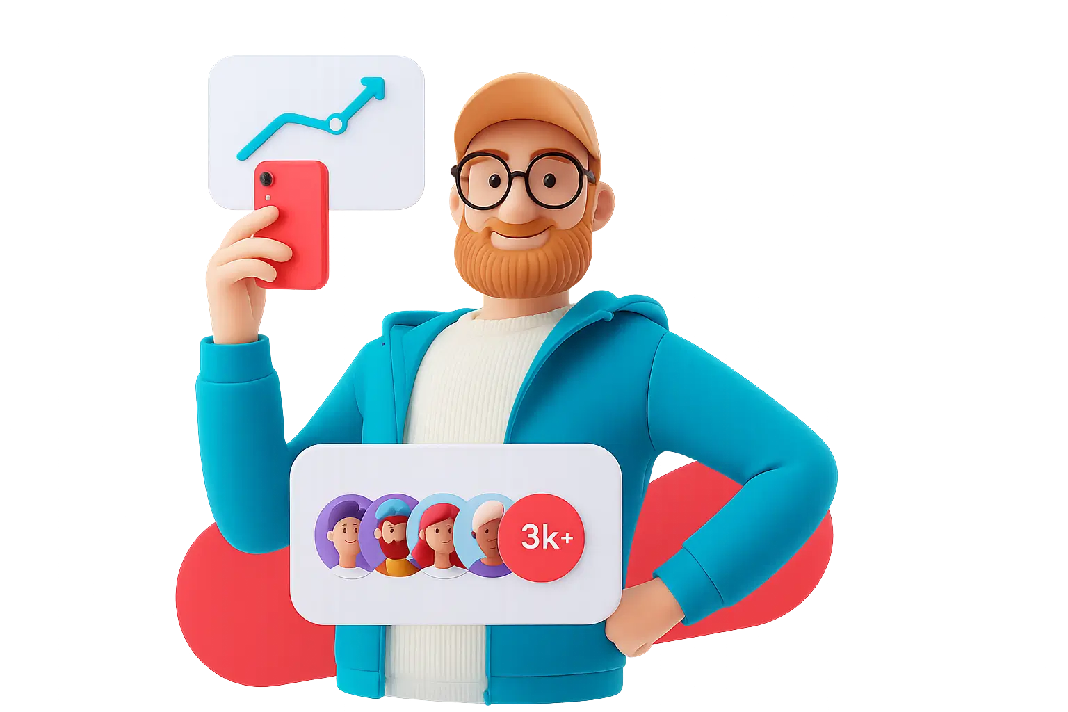 Мужчина в 3D-стиле держит смартфон, рядом иконки роста и подписчиков Instagram