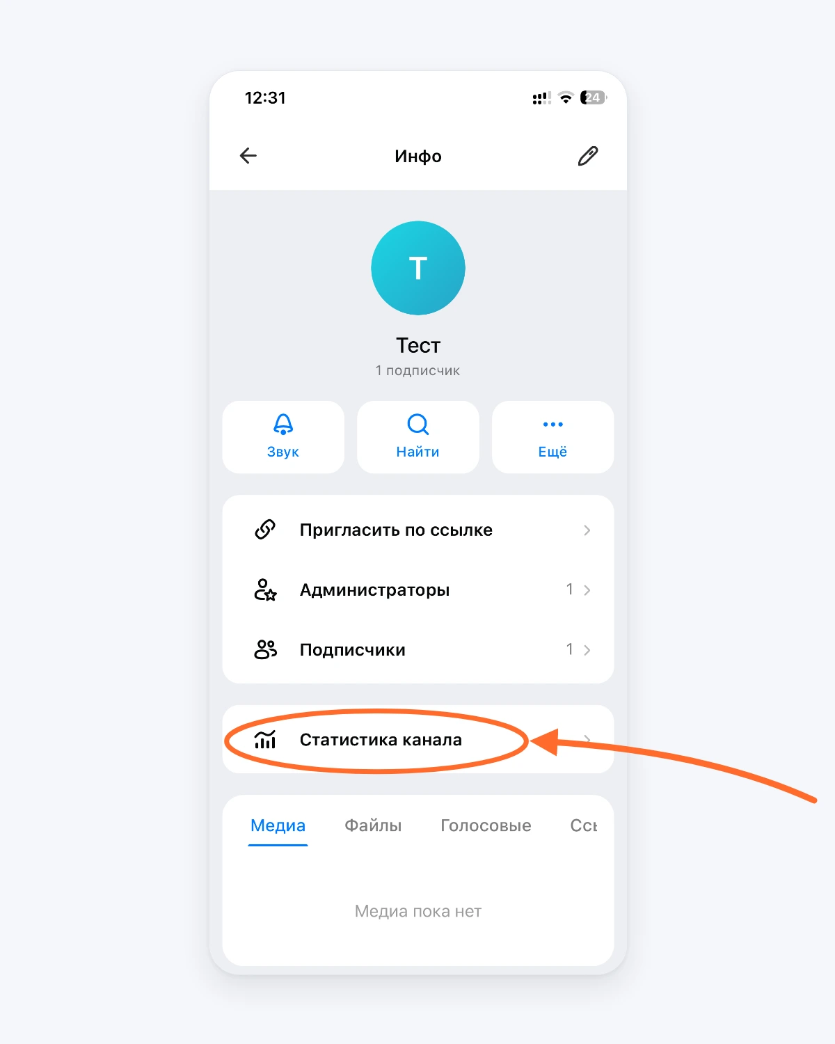 Экран «Инфо» канала MAX: стрелка указывает на строку «Статистика канала» Экран «Инфо» канала MAX: стрелка указывает на строку «Статистика канала»