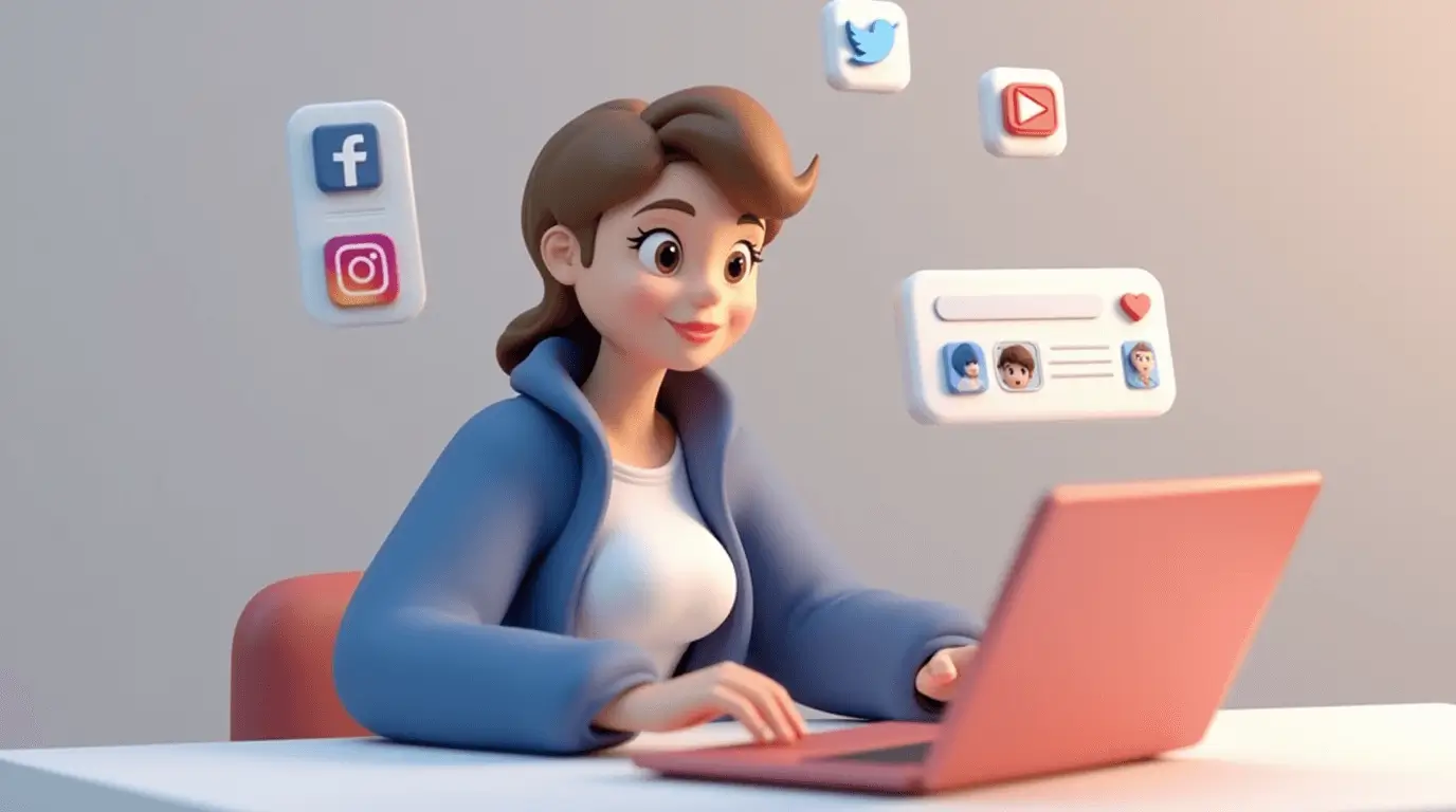 Девушка за ноутбуком с иконками соцсетей — Instagram, Facebook, Twitter и YouTube — концепция накрутки и продвижения аккаунта
